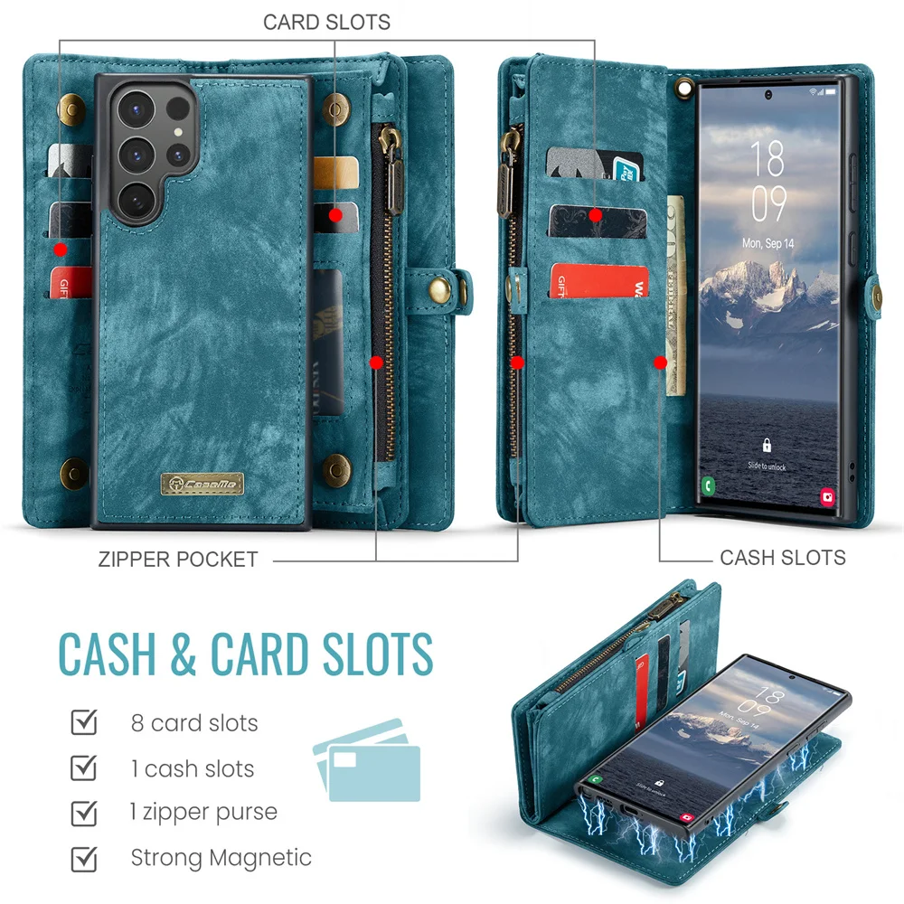 Luxury Leather Wallet Phone Case with Detachable Magnetic Zipper and Card Holder