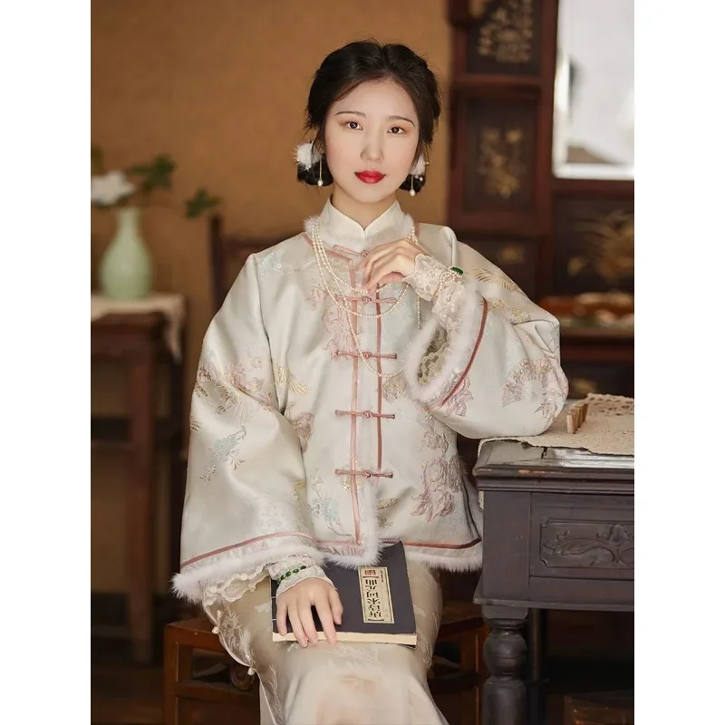 Autumn Winter Fashion Stand Collar Printed Thickened Tang Suit Jacket Modern Chinese Traditional Women's Clothing Plus Size 3XL
