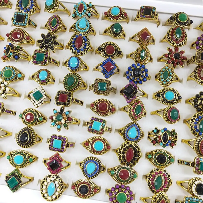 Vintage Antique Gold Plated Rings for Women 10Pcs Mix Style Colorful Stone Beads Finger Rings Party Jewelry Gift