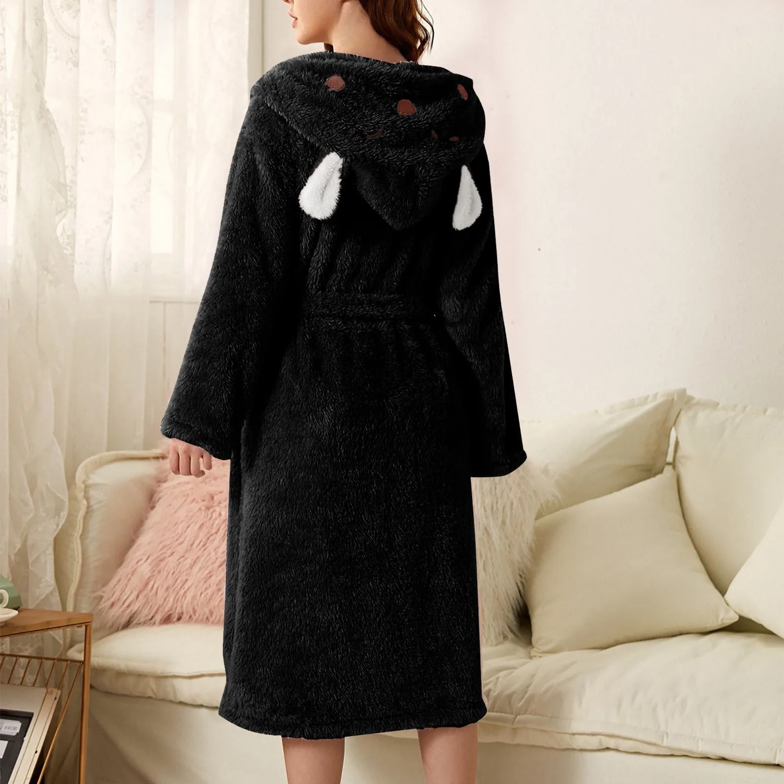 Flannel Hooded Bathrobe Womens Ear Solid Towel Bath Robe Homewear Fleece Thicken Thermal Sleepwear Thick Coral Fleece Nightgowns