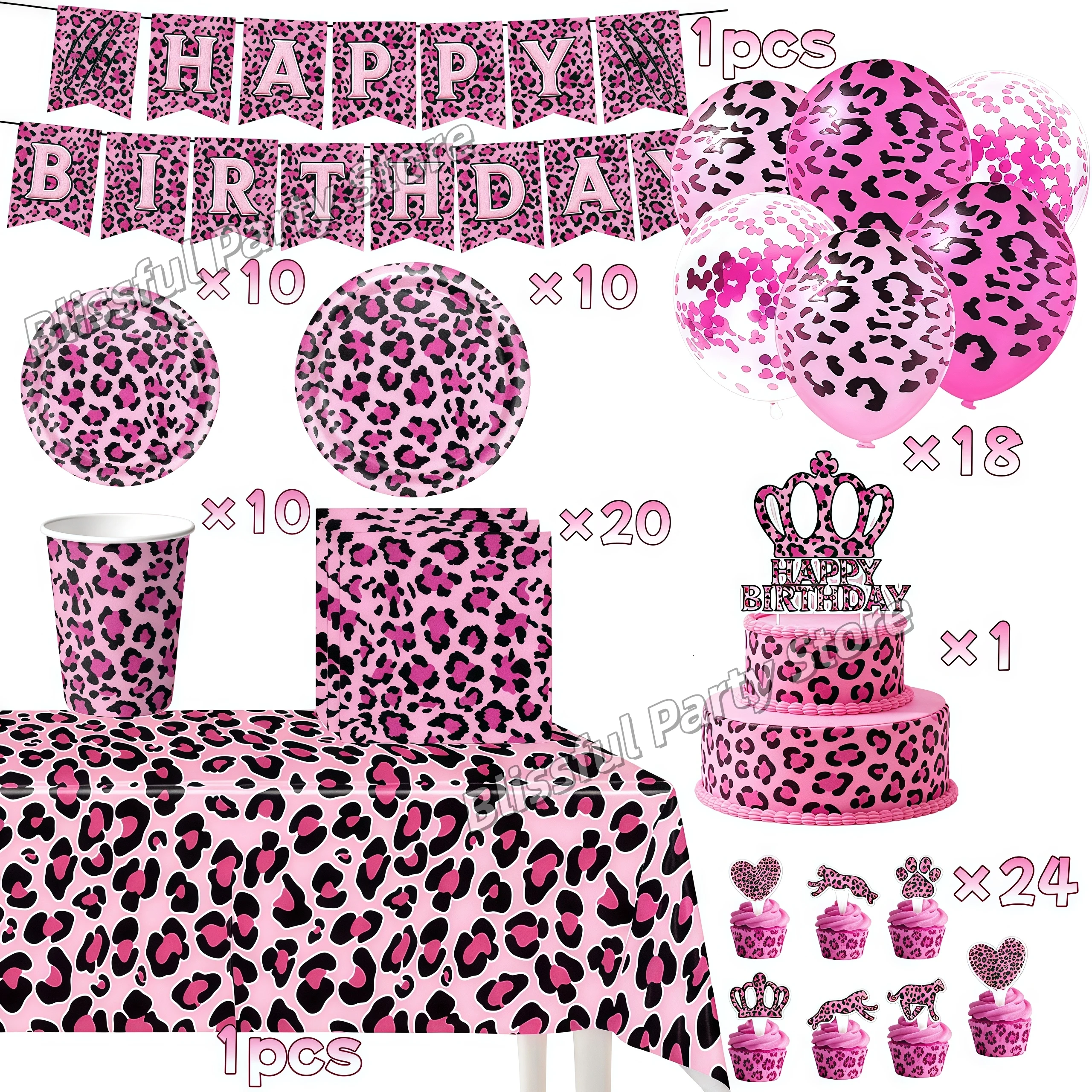 Leopard Geburtstag Party Dekoration Rosa Leopardenmuster Geschirr Tassen Teller Serviette Banner Kuchen Topper Dinner Party Supplies Gefälligkeiten – Detail 20