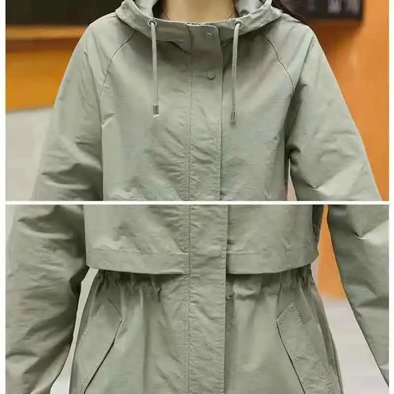 2023 new Women Casual Fashion Long Sleeve Hooded Zipper Mid-length Trench Solid Color Soft Elegant Cardigan Trench Coat