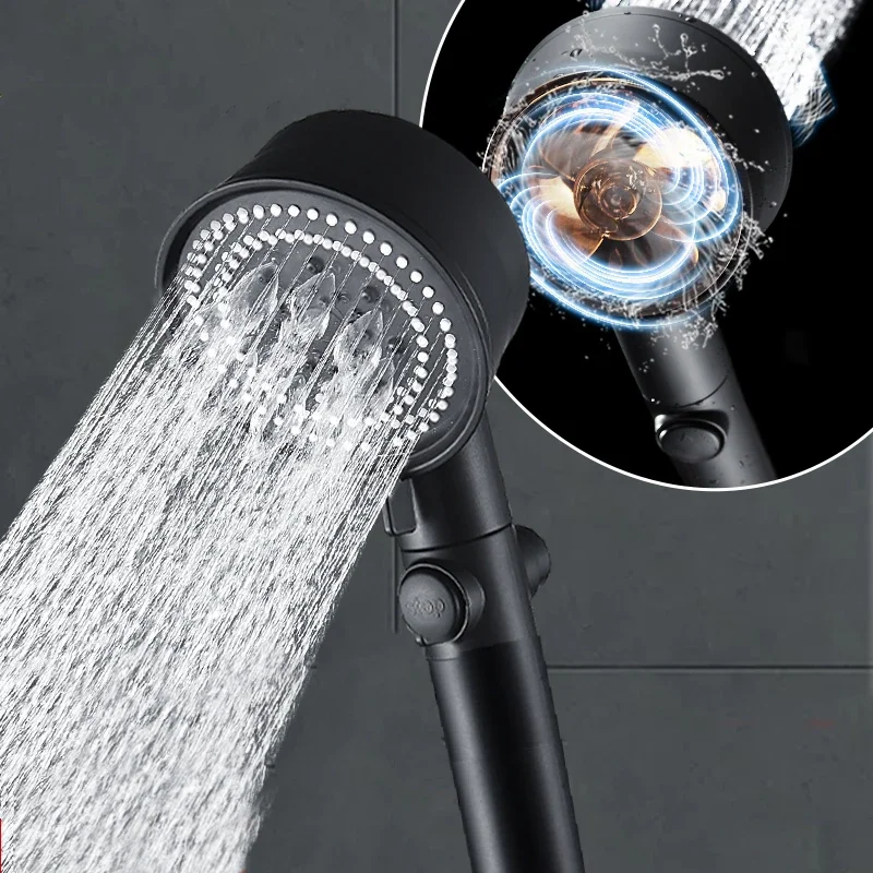 

Black High Pressure Turbo Shower Head With Small Fan 5 Modes Water Saving One-key Stop Water Shower For Bathroom
