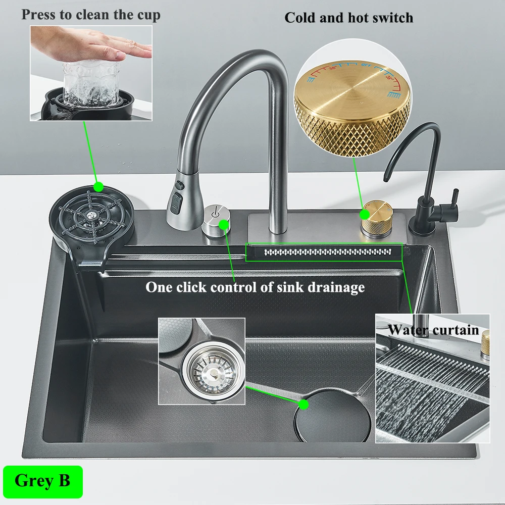 Kitchen Accessories Kitchen Sink Kitchen Sink Faucet Set Waterfall Kitchen Sink 304 Stainless Steel Large Single Slot Integrated Faucet Set Soap Dispenser Cup washer With Fancet