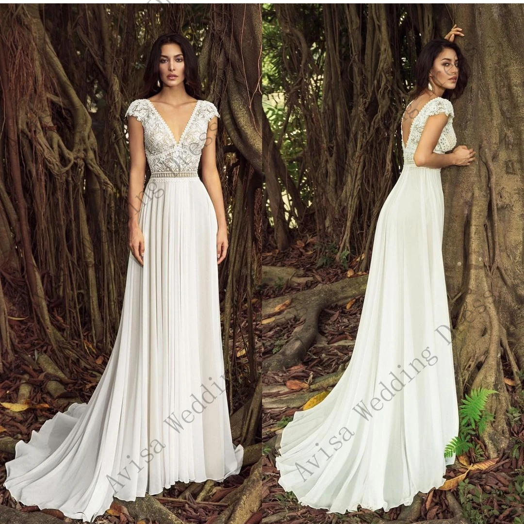 

Simple Boho Wedding Dress V-Neck Floor Length Pliess Beach Rustic Civil Bridal Gowns Low Back Sweep Train vestidos de novia
