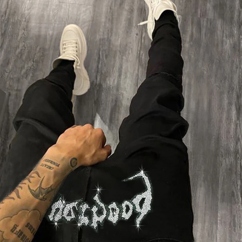 Mens Clothing Black Stretchy Ripped Y2k Jeans Skinny Trend Hot Drilling Punk Moto Bike Trousers Fashion Man Denim Pencil Pants