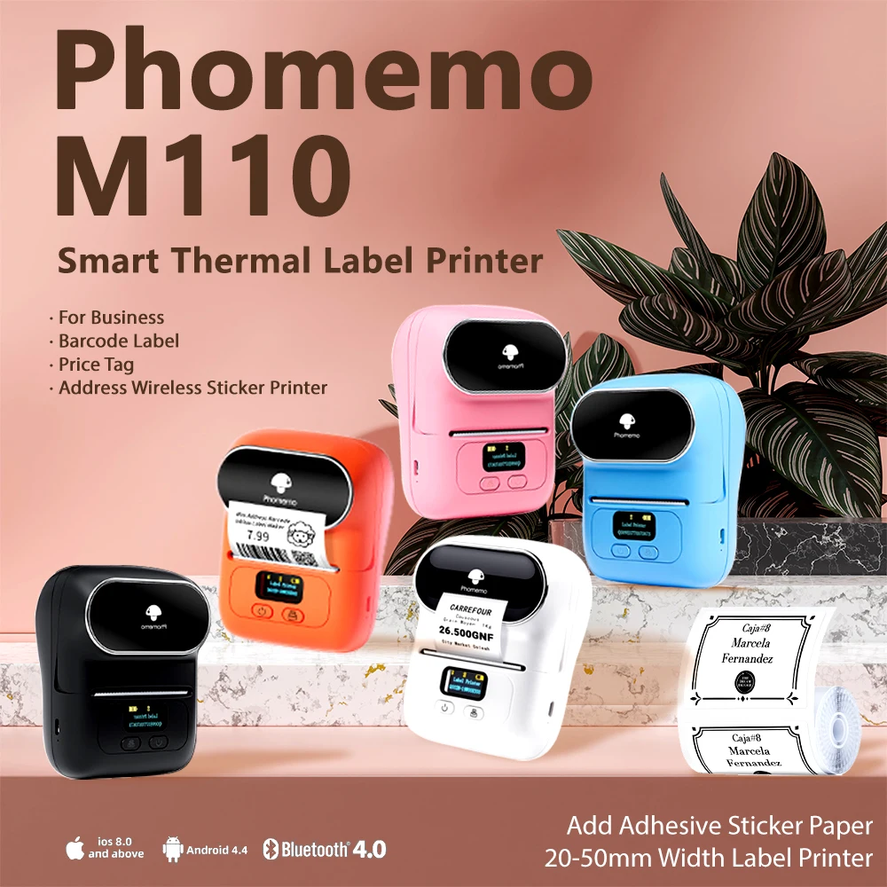 Phommemo M110 Stampante Termica Intelligente Autoadesiva Per Etichette Aziendali, Etichette Con Codici A Barre, Cartellino Del Prezzo, Stampante Adesi