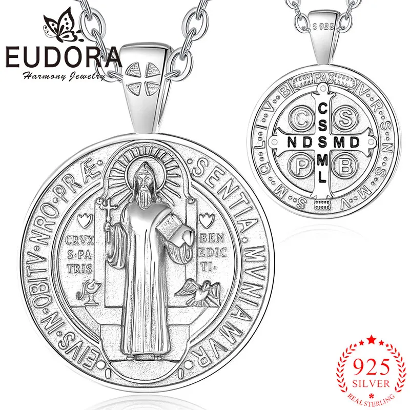 Silver Necklace Eudora 925 Sterling Silver Saint Benedict Necklace Cross Amulet Religious Pendant San Benito Men Women Personality Jewelry Gift