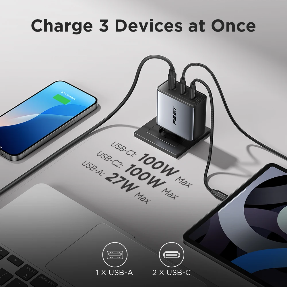 PISEN Charger 3-Port GaN 100W For Laptops