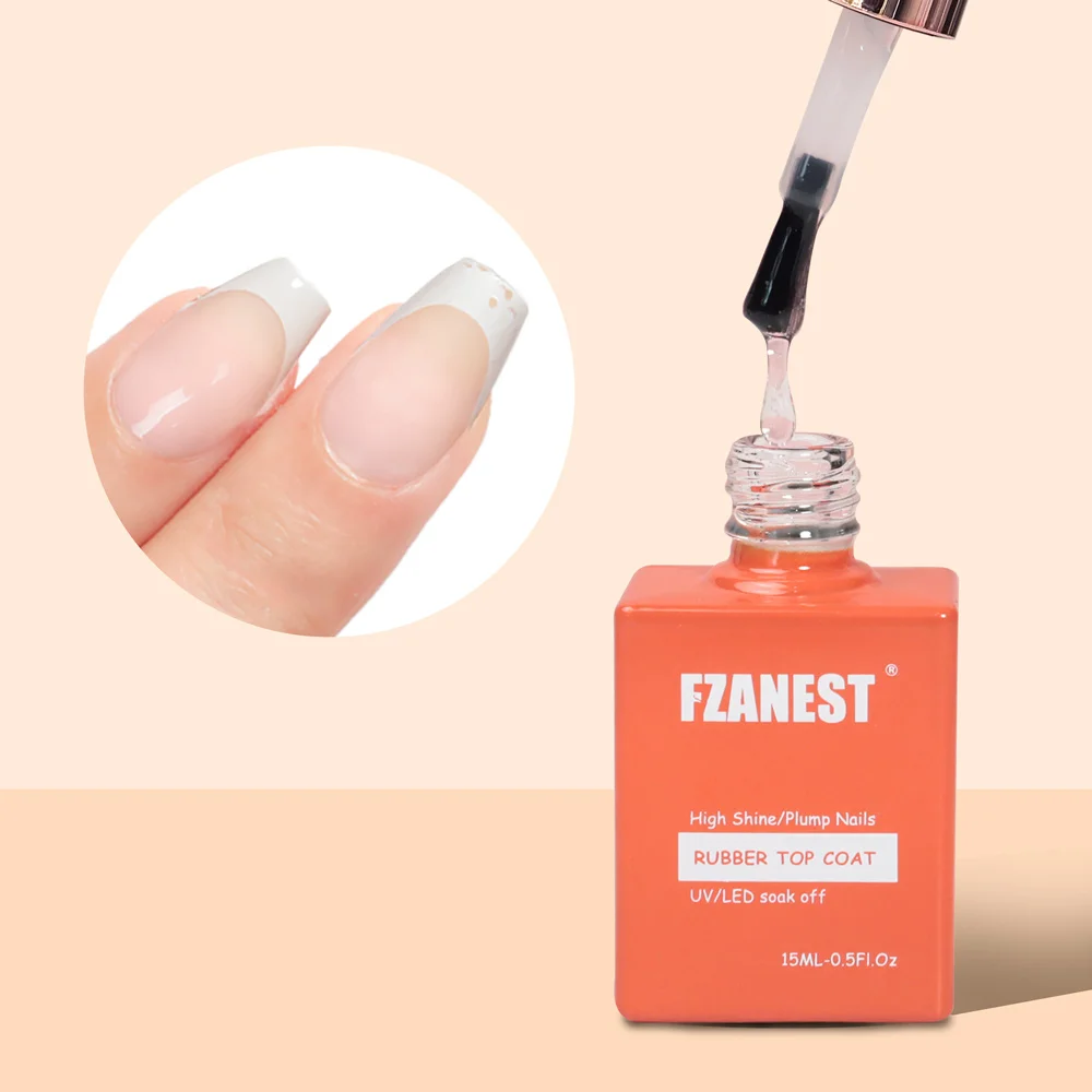 FZANEST Rubber Top Coat 15ML Gel Nail Polish Ultra Shine No Wipe Thick Top Coat Strengthen Enhanced Plumping Natrual Nail 6