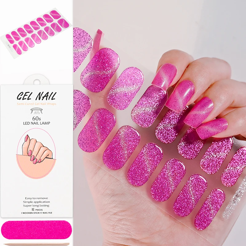16Tips Soild Color Nude Pink Semi-Cured Gel Nail Sticker Long-Lasting UV Nail Sticker Full Cover UV/LED Extension Gel Nail Foil 4