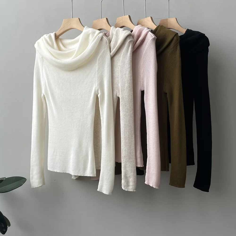 

SuperAen Soft Pure Desire Knitted Shirt for Women 2023 Autumn New Design One Line Neck Off Shoulder Top