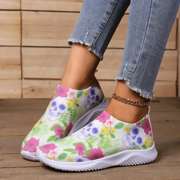 Women's Loafers Fashion Print Slip on Square Heels Round Toe Breathable Lazy Mesh Shoes Spring Autumn Daily Ladies Shoes