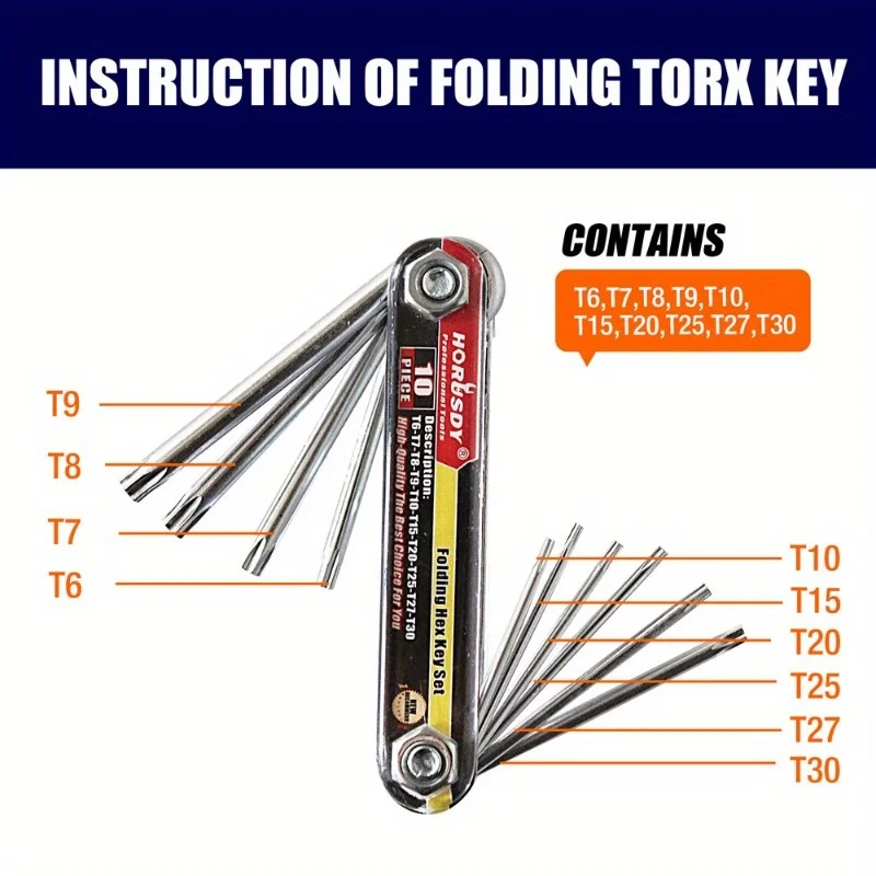Folding Torx Screwdriver Set Portable Chrome Vanadium Steel Screwdriver T6-T30, Corrosion-Resistant Aluminum Holder, Durable