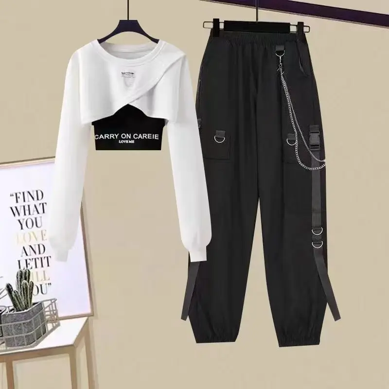 Fashion Set for Women New Korean Version Short Top Tank Top Loose Casual Pants Age Reducing Elegant Three Piece Set