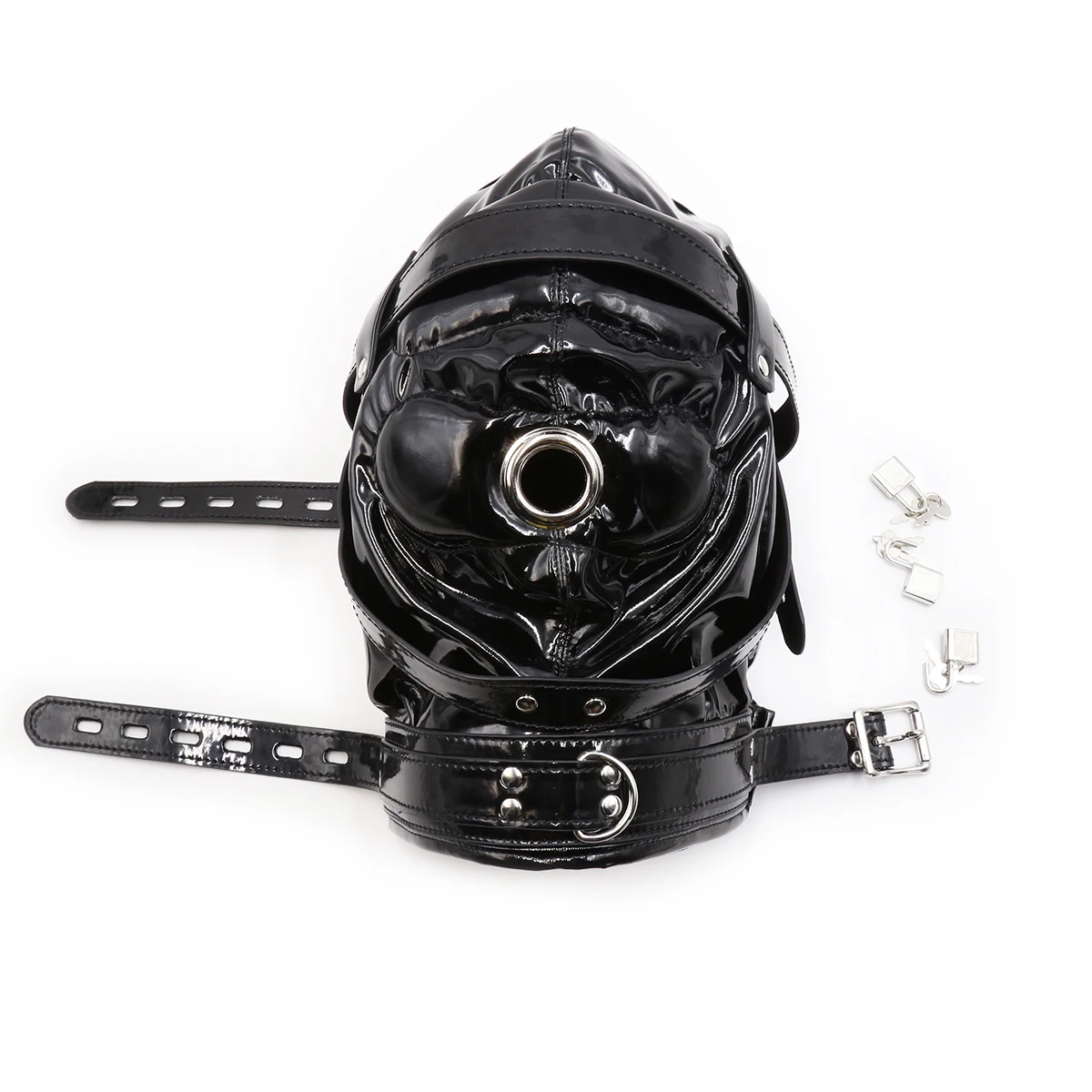 Lädervadderad PU/patenthuva Ögonbindel Låsbar huvudsele Mask Öppen mun Sensorisk deprivation BDSM Bon_voghion.com