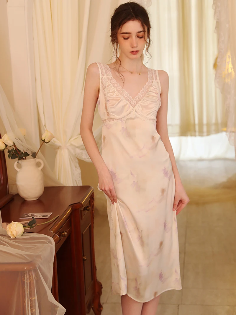 

Women French Princess Pajamas Sexy Charming Summer V-Neck Lace Silk Print Sleepwear Sleeveless Nightgowns Victorian Night Dress