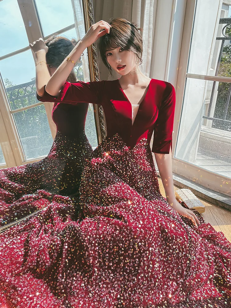 Red Wedding Engagement Evening Gown Luxury Velvet Sequin Splice Half Sleeve  Dresses Sexy V-neck Slim Party Long Bridal Gown - AliExpress