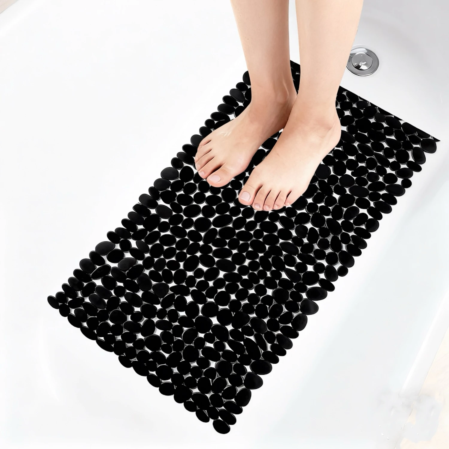 1pc Pebble Non Slip Bath Mat Rectangular PVC Shower Mats with Suction Cups & Drain Holes Bathtub Mat Machine Washable Quick Dry