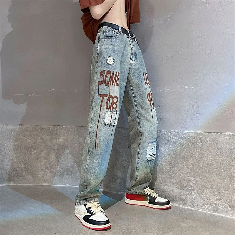 

Trousers with Print Holes Jeans for Men Broken Male Cowboy Pants Ripped Wide Leg Torn Light Blue Autumn Clothing Harajuku New In