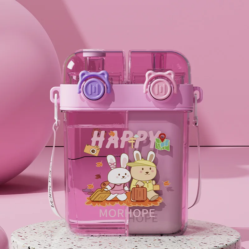 Children's Cute Cartoon Water Bottle with Double Straw - 2026 Summer Edition