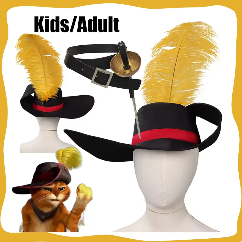 Cat Cosplay Hat Movie Puss Cosplay In Boots Kids Adult Hats Cap With Feather Costume Accessories Child Roleplay Halloween Suit