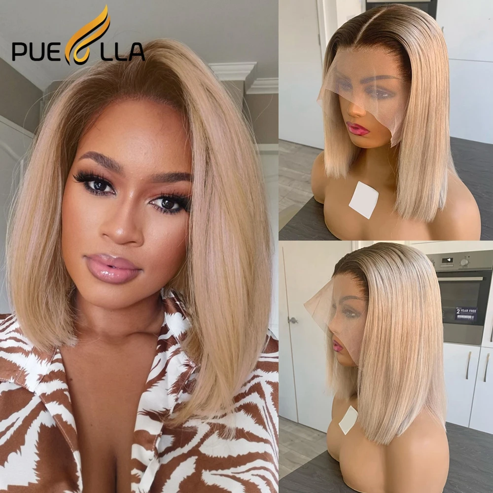 

Ombre Ash Blonde Colored Short Bob Remy Human Hair Lace Frontal Wig For Women Brown Pixie Cut 13X4 Lace Front Wigs Preplucked