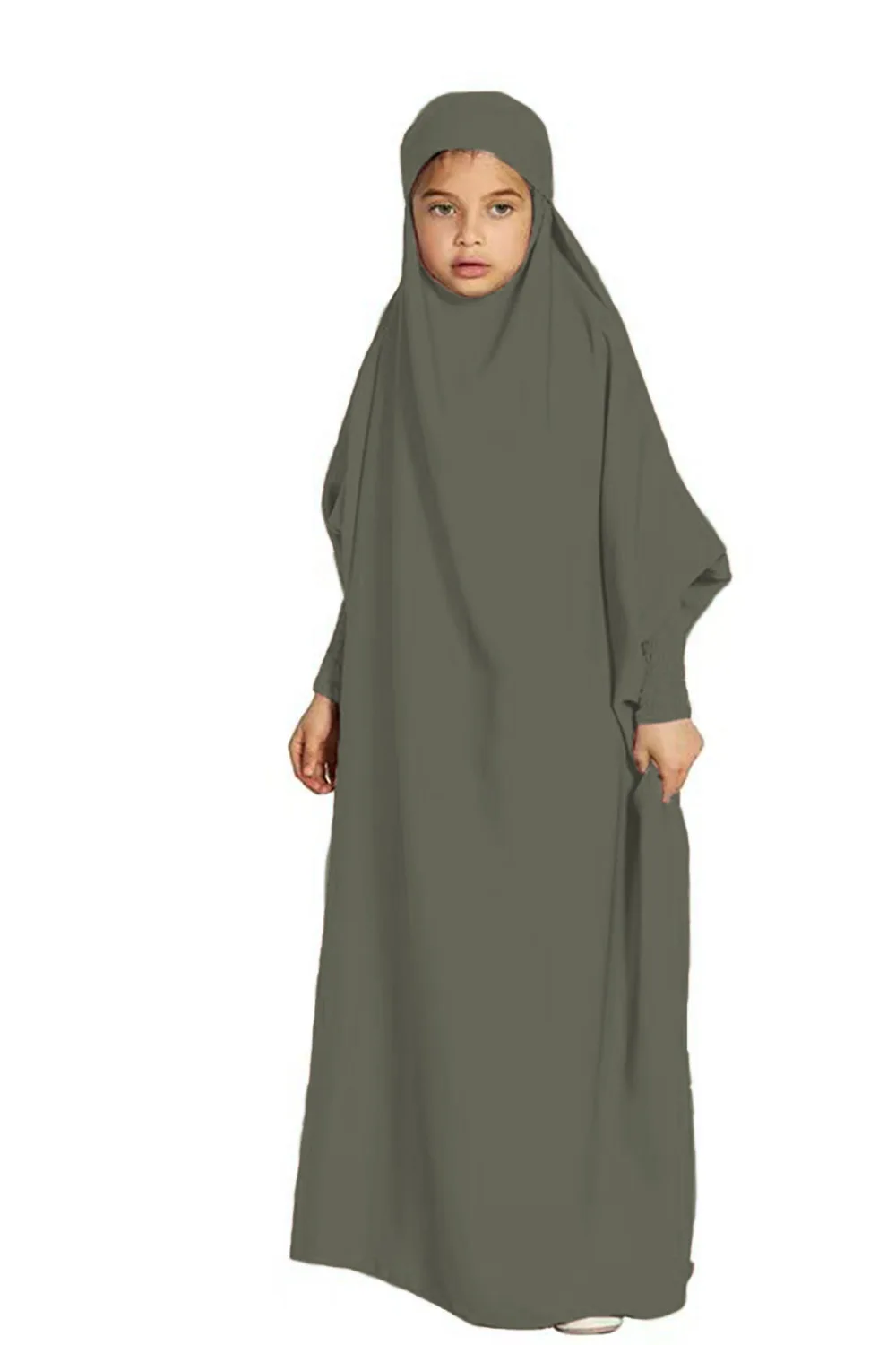 Odizli Abaya gebedskleding voor meisjes, lange mouwen, islamitische jurk, Arabisch, Turkse robe, ramadan, lange gebedsjurk, grijs, 11-12 Jaren