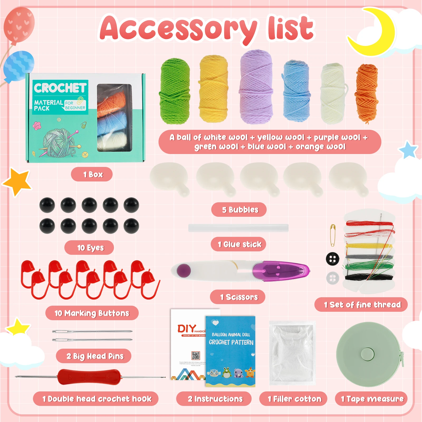 4Pcs Crochet Kit for Beginners Complete Animal Crochet Knitting Adorable Doll Chick Frog Octopus Starter Pack Craft Kit