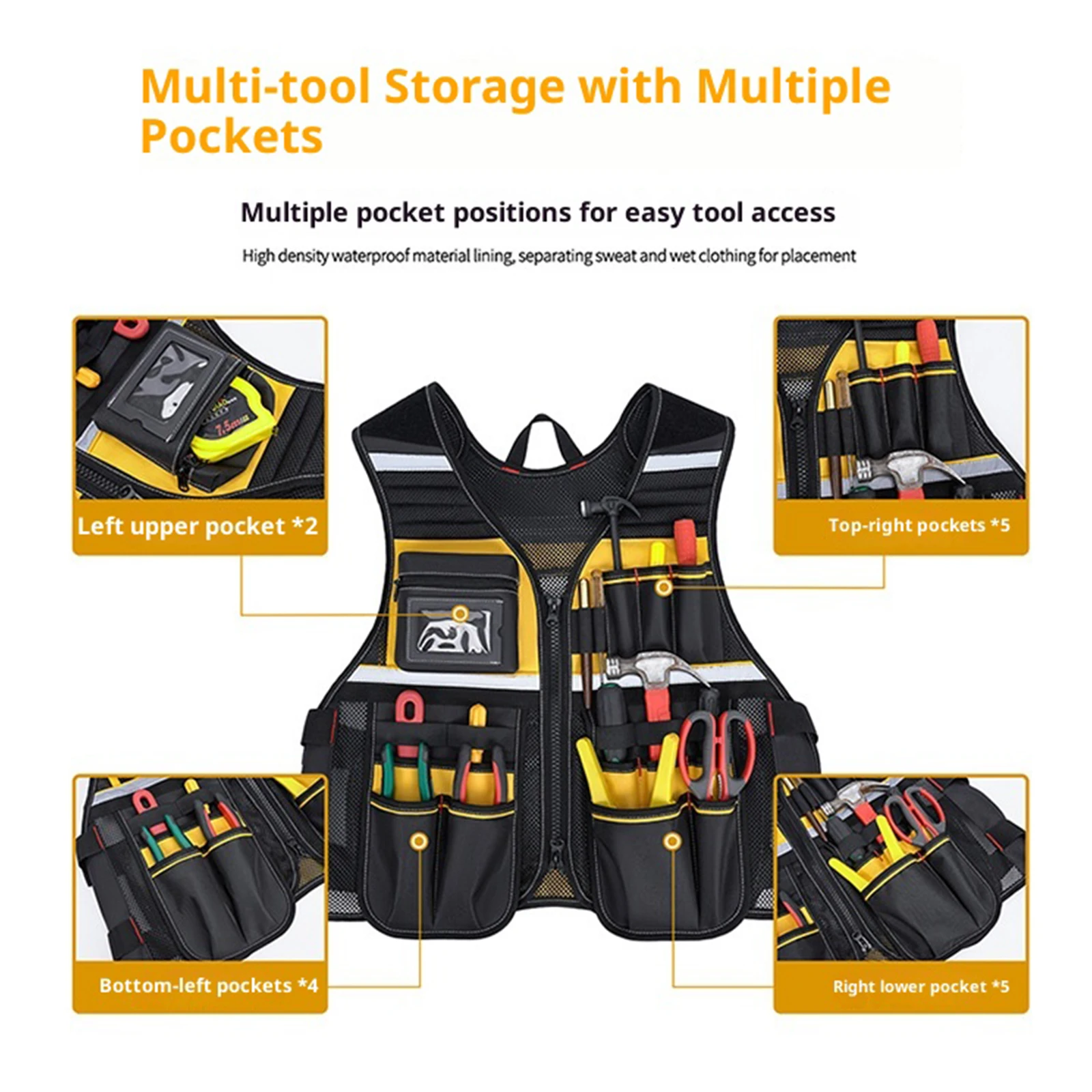 다용도 포켓이 있는 전기 기술자 작업 조끼, 반사 안전 조끼, 전기공, 목수, 건설 작업자용