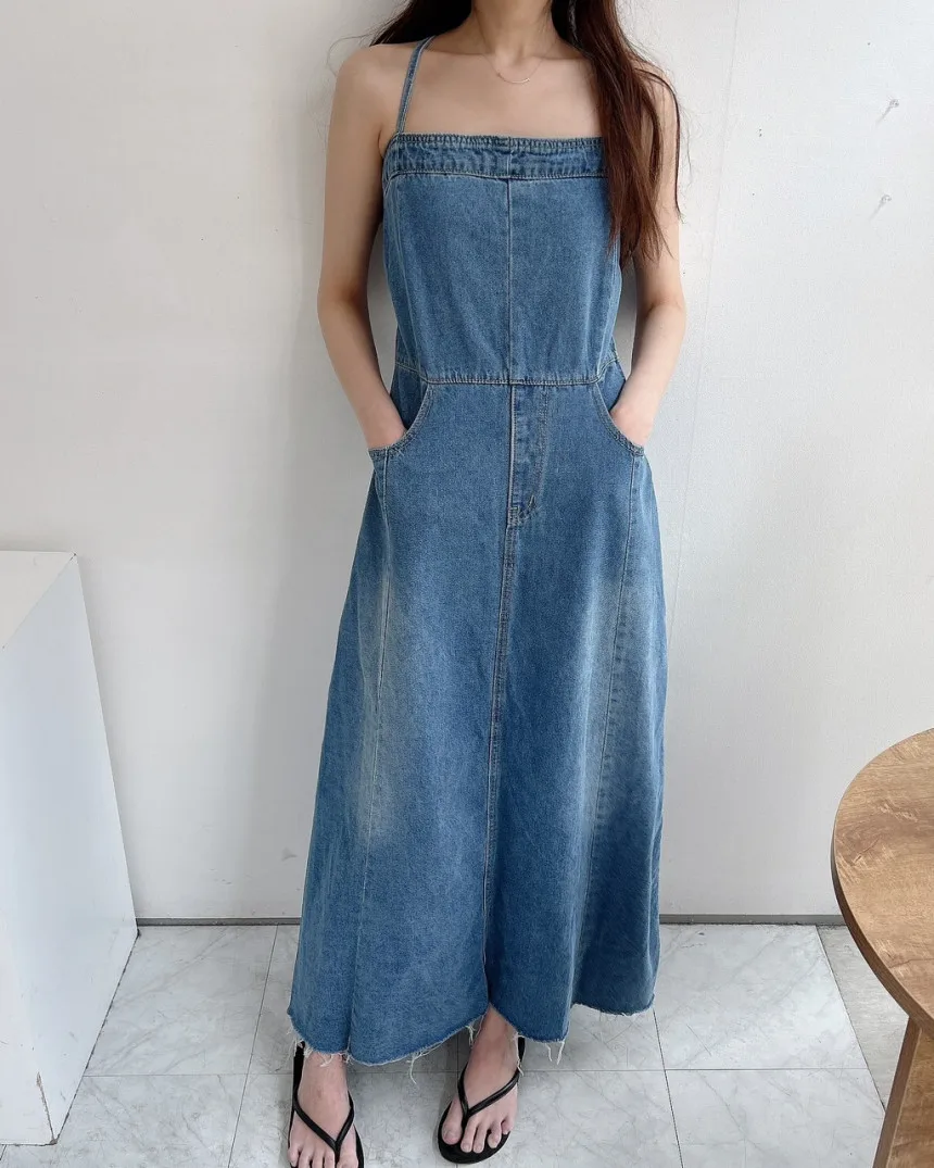Neue Sommer Denim Kleid Frauen hohe Taille lange träger lose Kleid mit Taschen koreanischen Stil Streetwear Maxi kleid Frau heißen Verkauf – Detail 3