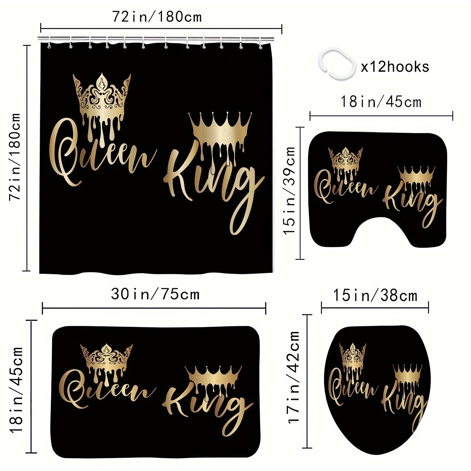 Crown Letter Pattern Shower Curtain Set, Waterproof Bath Curtain With , U-shaped Mat, Toilet Cover Mat, L-shaped Bathroom A
