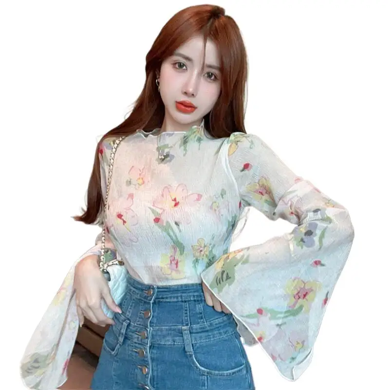 

Spring New Rayon Half High Collar Sweet Elegant Floral Print Long Flare Sleeve Tulle Slim Fit Tee Lightweight Chic Shirt Blouses