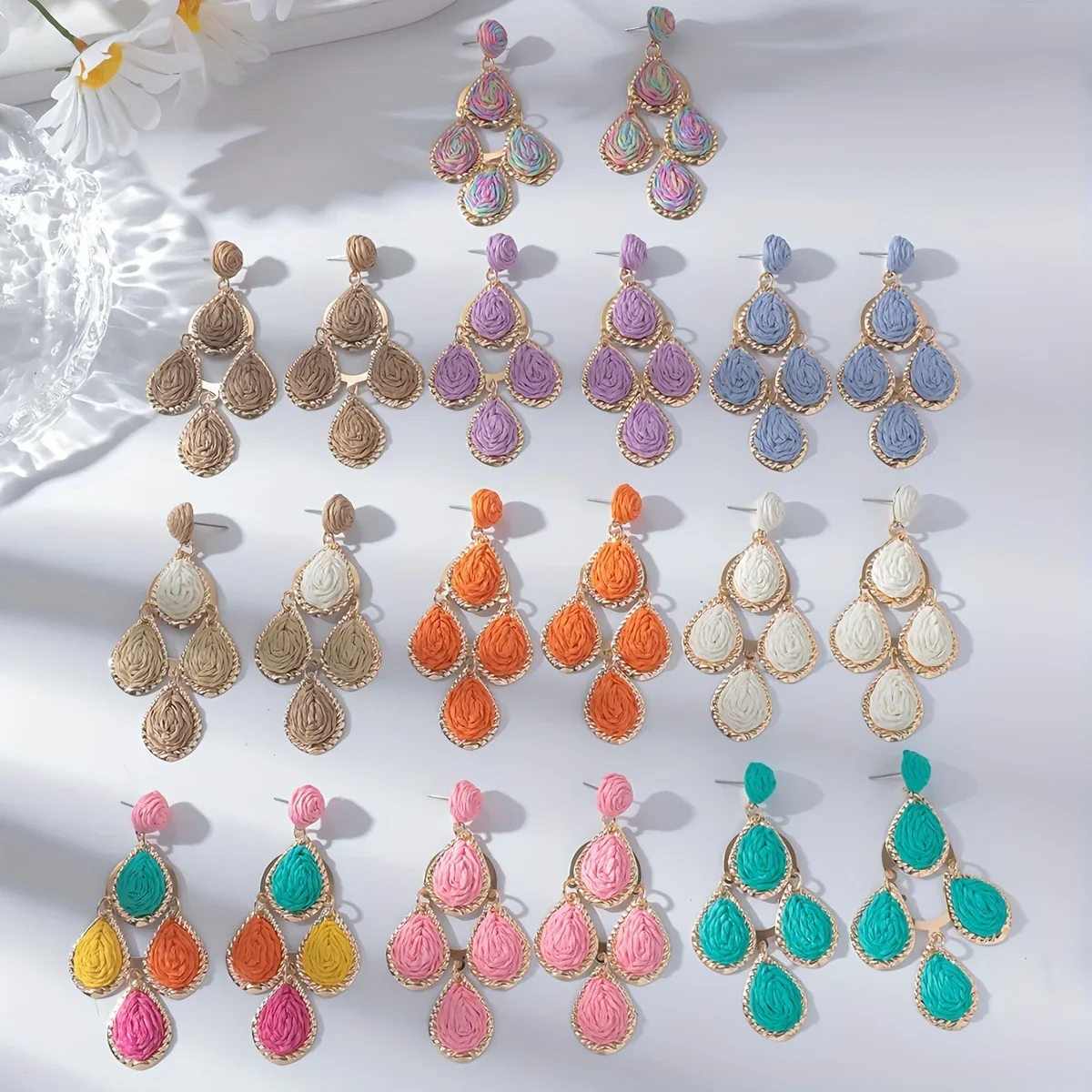 Bohemain Fashion Handmade Water Drop Long Earrings for Women Colorful Rattan Knit Raffia Hanging Earring Party Jewelry Accessory