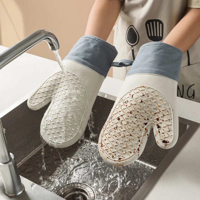 Oven Gloves Thicken Silicone Gloves Oven Heat Insulated Finger Gloves Cooking Microwave Non-slip Gripper Pot Holder Kitchen Baking Tool