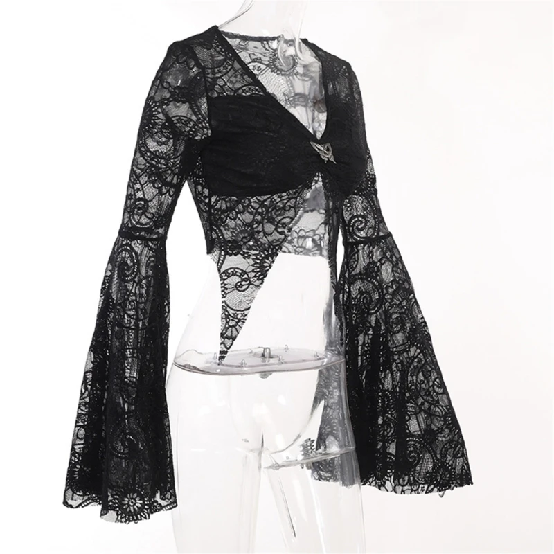 

Elegant Sheer Mesh Top Clothes Women's Long Sleeve Sheer Mesh T-shirt Gothic Crop Top Sexy Shirts