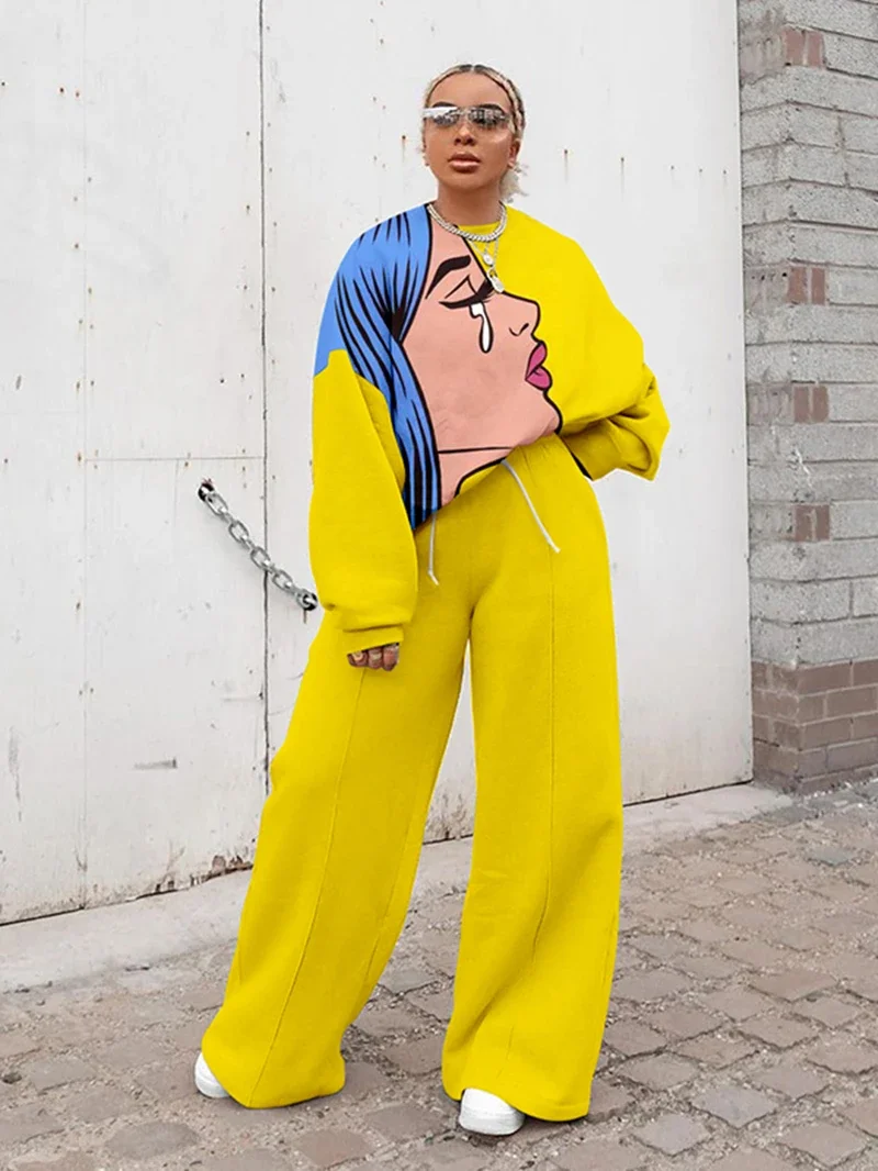 Oversize Tracksuit Women Two Piece Pants Sets Autumn Clothes Cartoon Print Pullover Sweatshirt Wide Leg Pants Suit Woman Outfits men s sportswear sets 2 piece suit fashion t shirt short set oversize t shirt tracksuit set men clothing summer short tshirt set