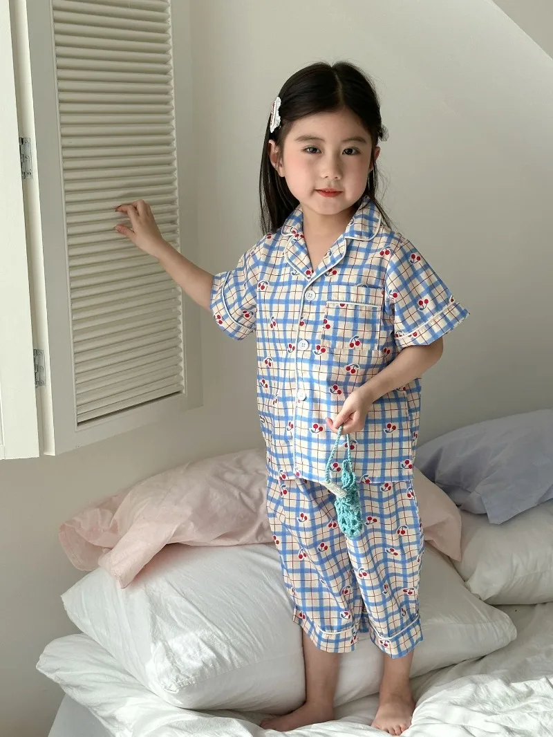 Children's Pajamas Summer 1-8Y Home Clothing Set Thin Pure Cotton Boys Lapel Top Pants 2Pcs Suit Girls Cartoon Printed Sleepwear