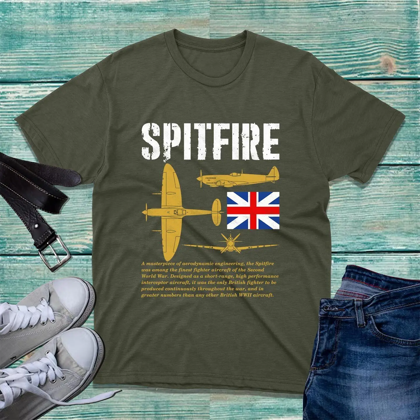 Supermarine Spitfire T-Shirt Royal Air Force British Army Uk Flag Unisex Tee Top