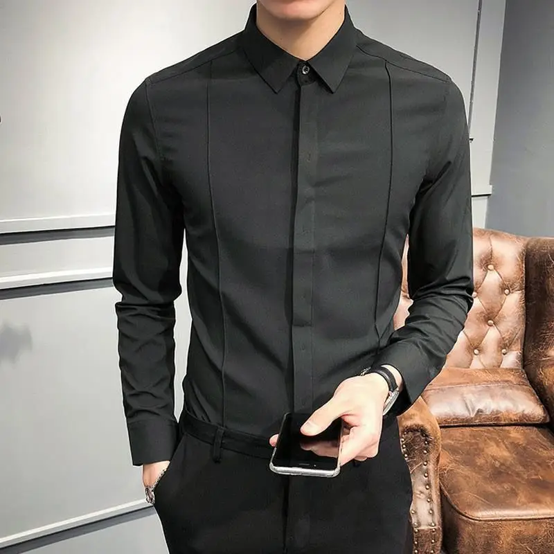 Spring Autumn Korean Fashion Solid Color Blouse Homme Long Sleeve Casual All-match Bottoming Shirt Male Slim Polo-neck Shirt