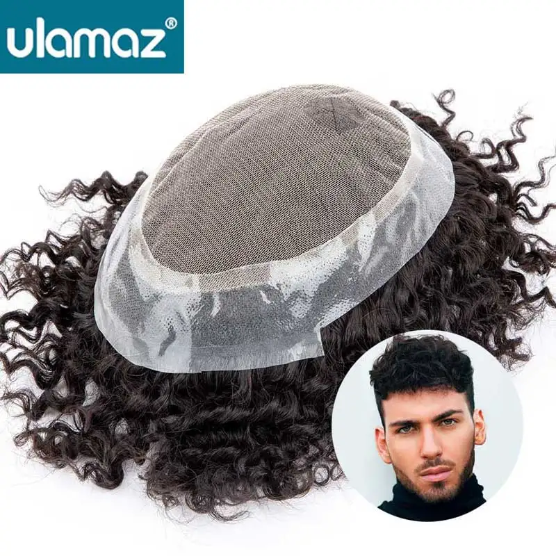 Men Curly Hair System Toupee For Men Pu Skin Lace Wig Natural Male Prosthesis Indian Human Man Wig