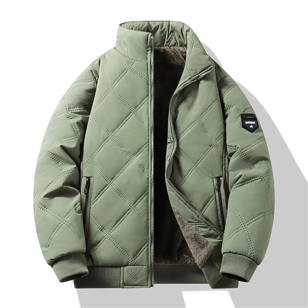 Windproof Thermal Diamond Quilted Jacket Men Winter Men's Fleece-Lined Thickened Parkas Man Cuff Design Stand-Up Collar Jackets
