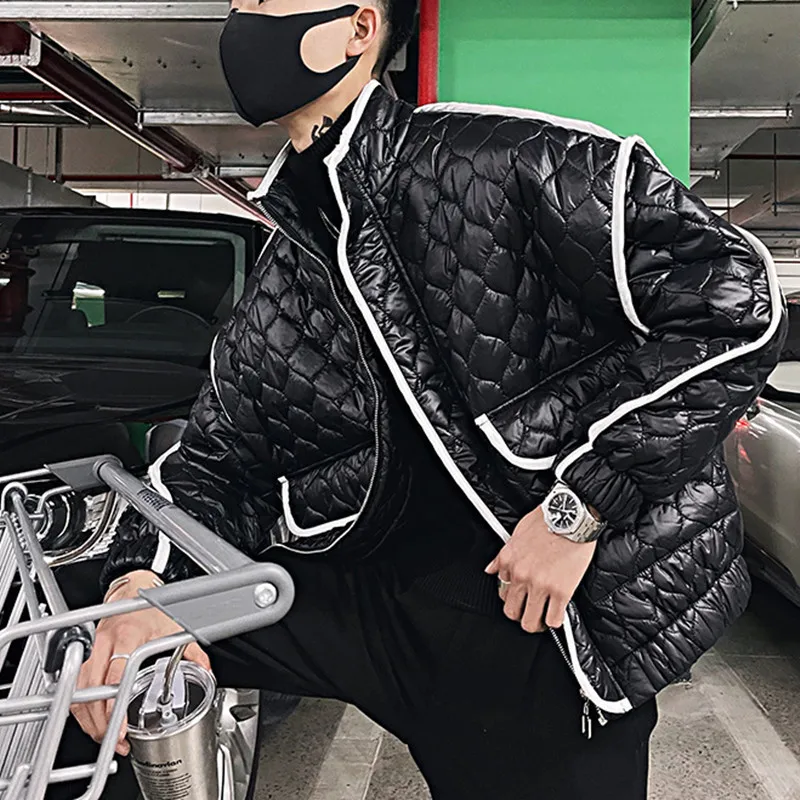 Winter Society Boy Lingge Short Parkas Men Loose Warm Pressed Cotton Padded Jacket White Edge Argyle Big Pocket Streetwear Coats