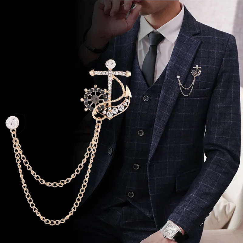 Koreanische Kristall Anker Broschen für Frauen Männer Quaste Kette Strass Kragen Pins Anzug Hemd Abzeichen Mode Luxulry Schmuck Geschenke
