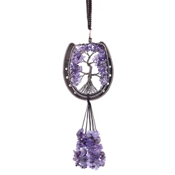 Natural Crystal Horseshoe Tree of Life Hanging Ornament For Car Rear View Mirror Crystal Wall Hanger for Window Home Decoration
