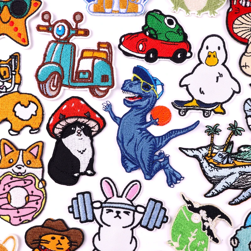 Funny cartoon animal iron-on patch featuring dinosaur, rabbit, frog, and other cute designs