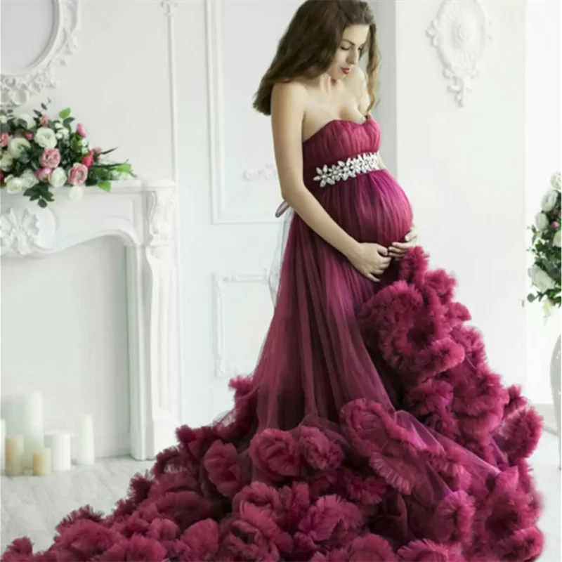 

Maternity Dress for Women Strapless Tiered Ruffles Floor-Length Photoshoot Prom Party Formal Occasion Evening Skirt 2023 New