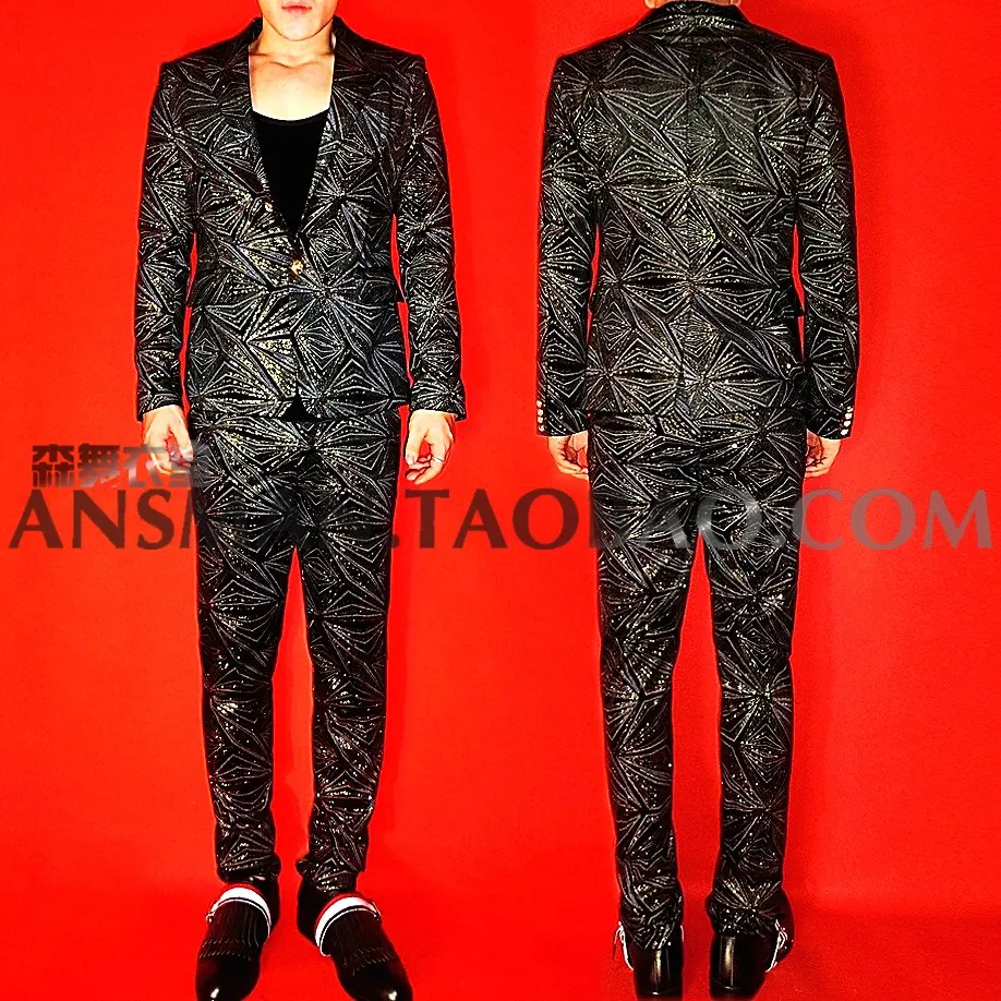 

S-5XL New Fashion Men's European and American Personality Suit singer Men's Stamping Flash Diamond Suit Performance Suit Set