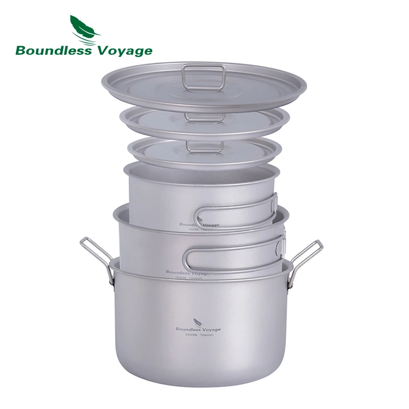 Boundless Voyage Titanium camping cookware mess kit portable camp frying pan and pots set with steaming grid for outdoor picnic