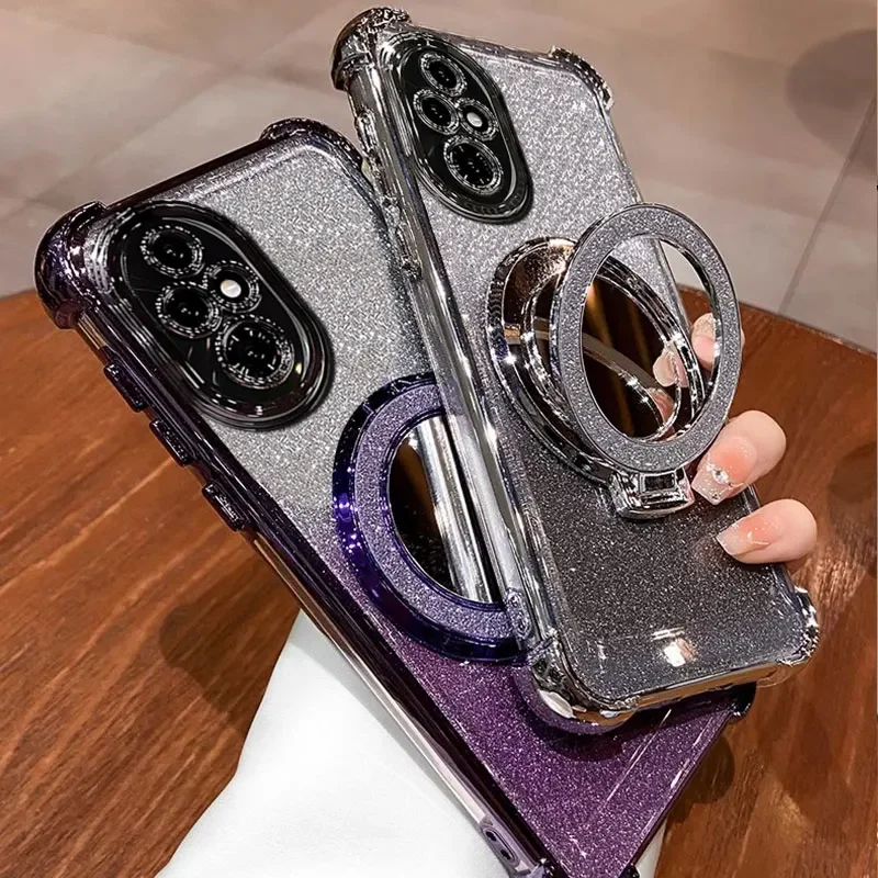 Elegant Bling Glitter Silicone Phone Case with Mirror Holder and Stand Feature